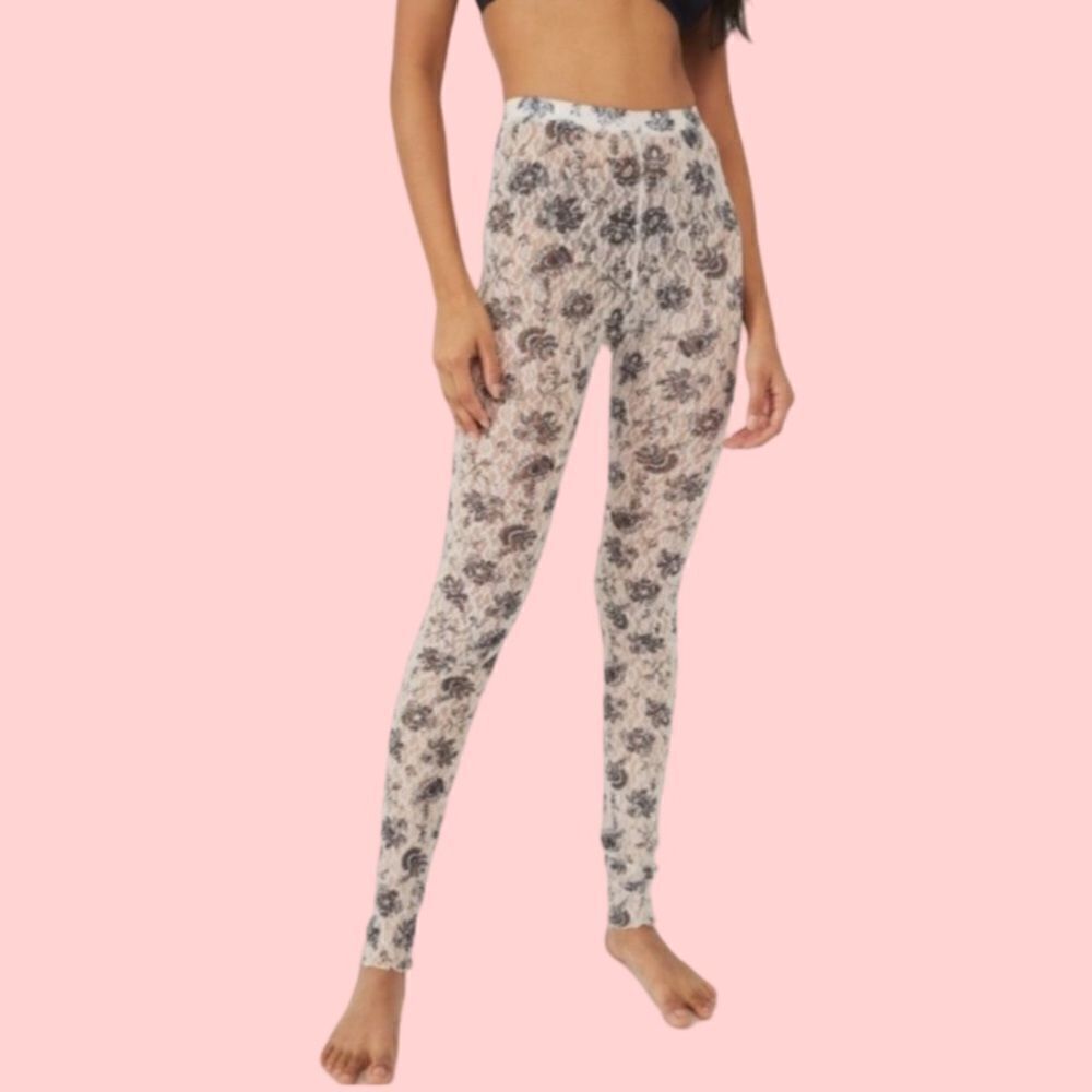 Free People Intimately Layered In Lace Sheer Leggings, Cream Floral. Medium. NWT